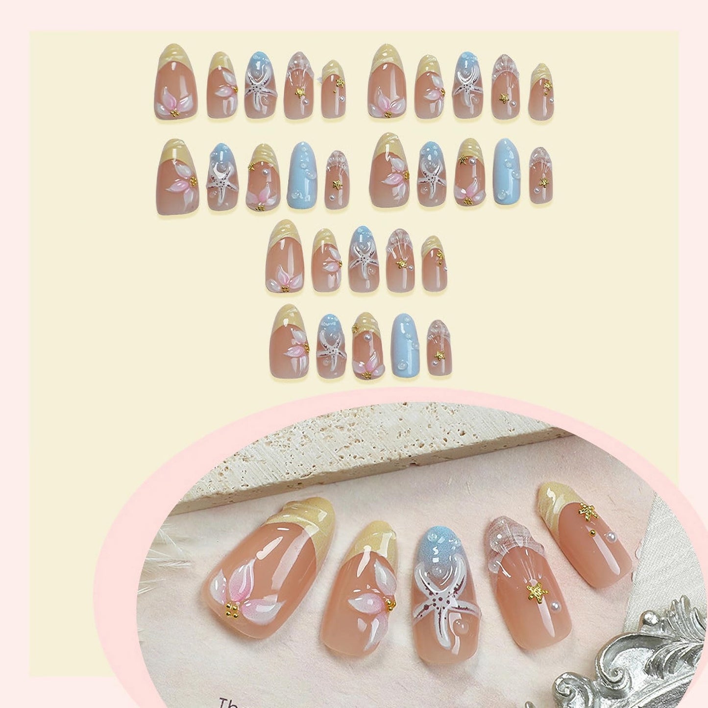 MISUD Press on Nails - Medium Almond Fake Nails with Summer Beach Acrylic Handmade 3D Flower Shell Design 30 pcs
