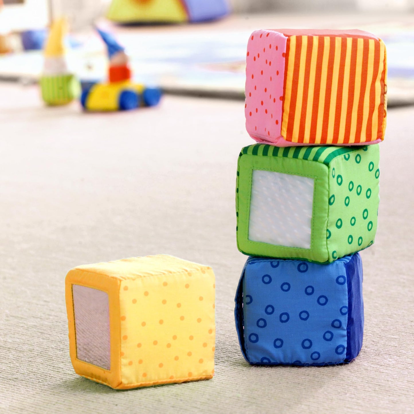 HABA Soft Blocks for Babies 6-24 Months, Happy Quartett Sensory Toy Features a Unique Sound & Texture in All 4 Baby Blocks