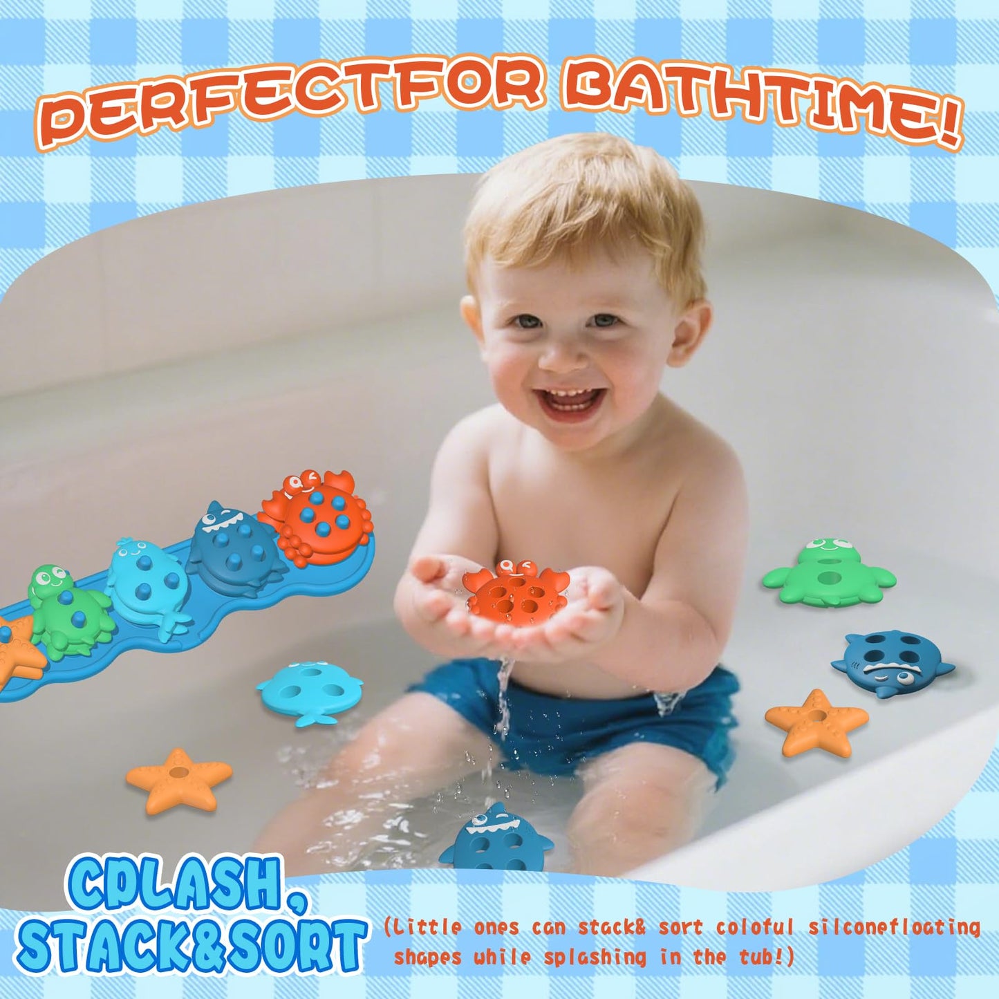 Suction Baby Bath Toys, Mold Free Silcone Shape Sorting & Stacking Bathub Toy, Sensory Toys & Best Gift for Toddlers 3 4 5 Early Learning Bathtub Fun (Ocean Animal)