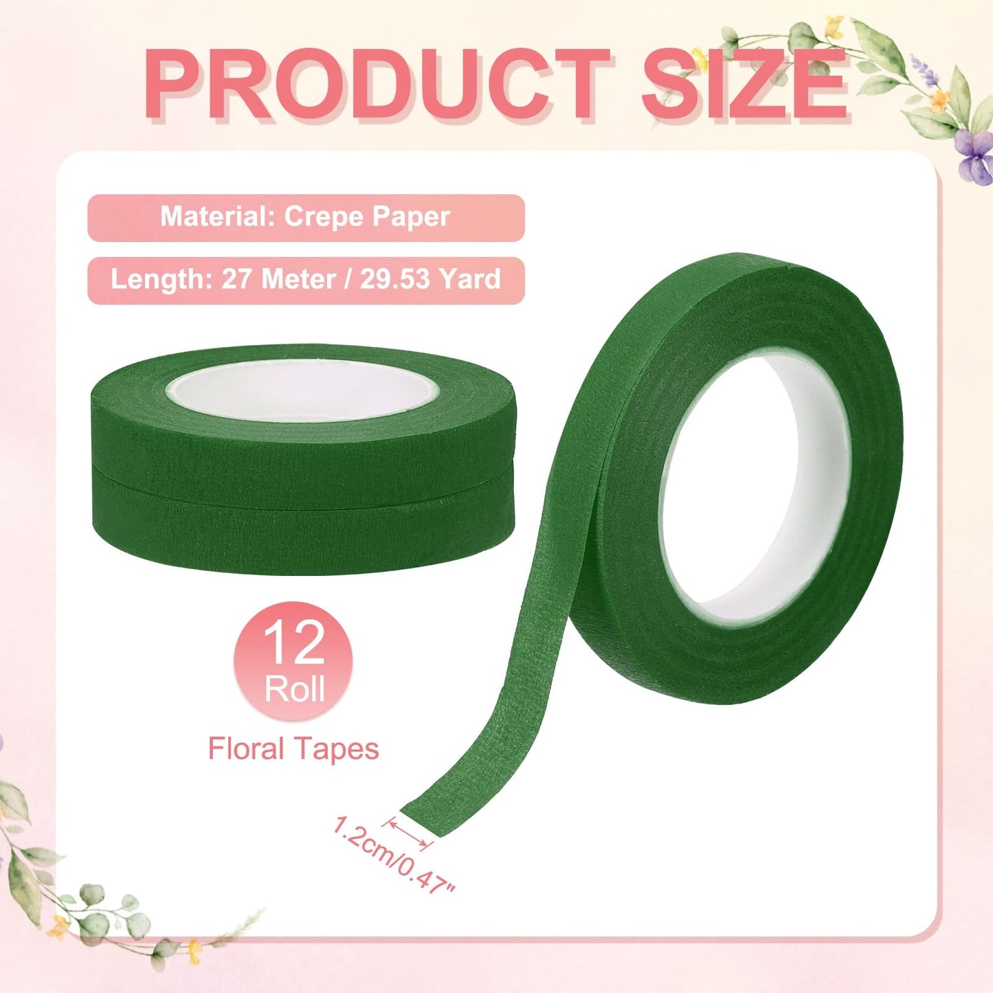 MECCANIXITY 12 Rolls Floral Tapes, 30 Yd Flower Stem Wrap Tape Florist Crepe Flowers Bouquets Adhesive Waterproof for Binding Fresh Floral Craft Arranging Wrapping, Green
