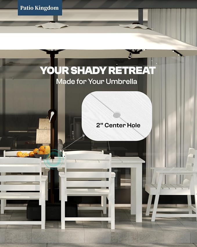 7-Piece White Outdoor Dining Set for 6, 75.2'' HDPE Table with Umbrella Hole & Chairs, Weather-Resistant Patio Furniture for Garden, Lawn, or Poolside