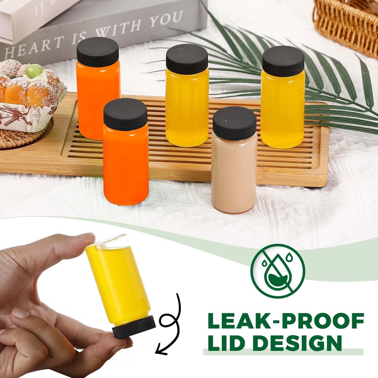 Jarsoph 16 Pcs, 2oz Clear Glass Bottle with Lids, 60ml Small Glass Jar, Leakproof Mini Travel Bottles, Decorative Bottles Set for Juice, Wellness, Spices