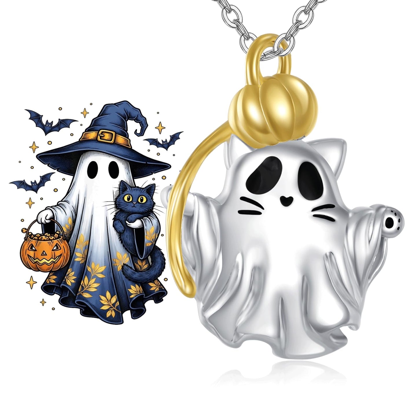 Grmdit Halloween Cat Necklace 925 Sterling Silver Ghost Necklace Pumpkin HalloweenJewelry Gift for Women