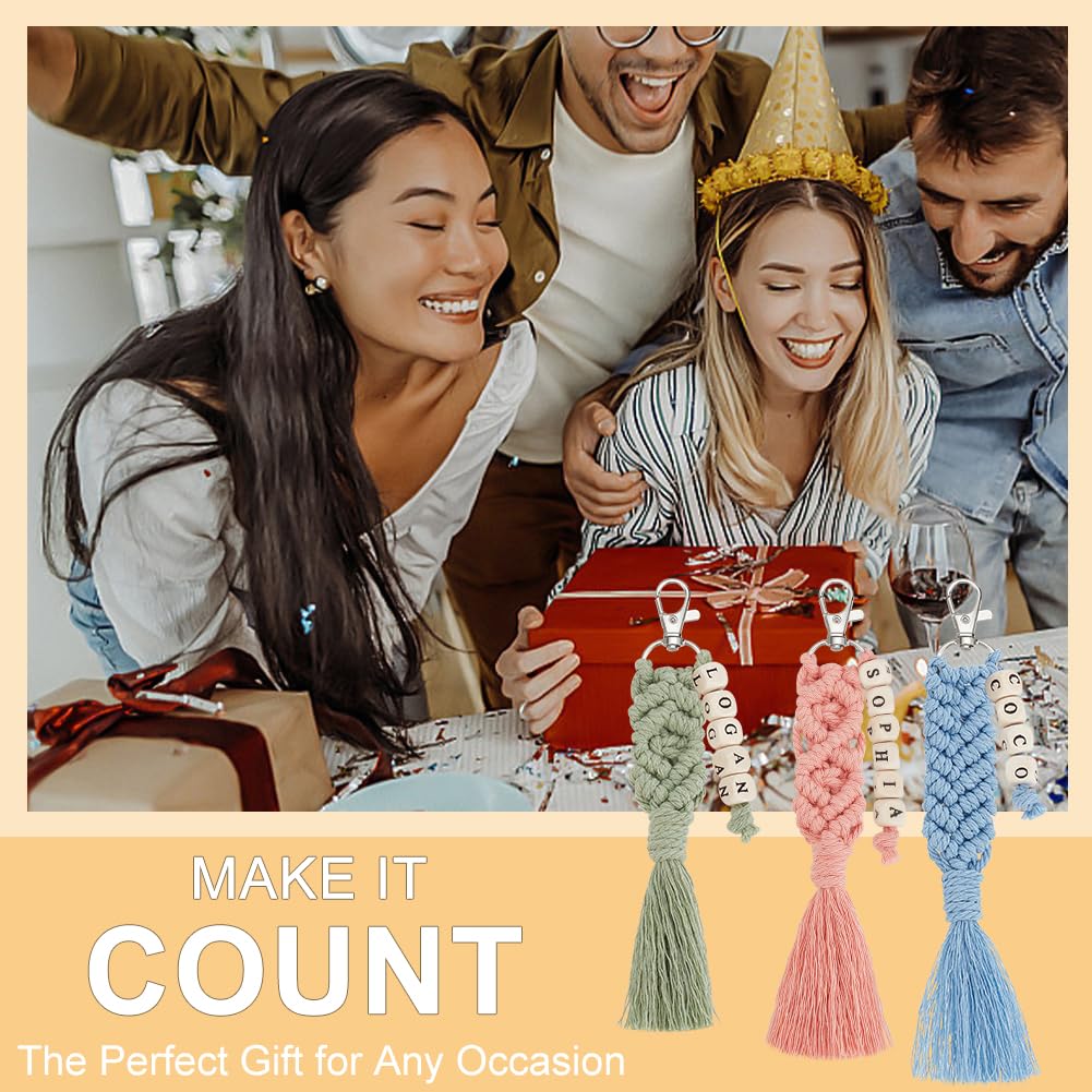 BEUNITONE DIY Macrame Cletter Keychains 6 Set Handmade Macrame Keychains for Beginners Boho Macrame Keychain Kit DIY Crafts Tassel Key Ring for Birthday Party with Instruction Keychain Making Kit