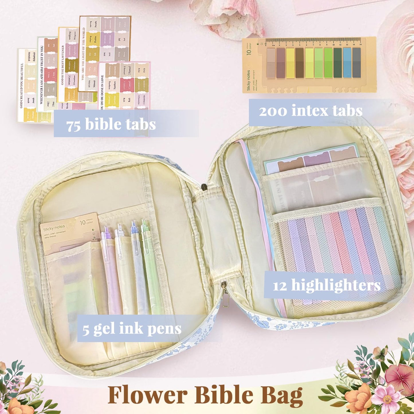 Szcxyy Bible Cover Case for Women,Bible Study Supplies Accessories,Bible Journaling Kit,Blue Flower Carrying Case with Highlighters