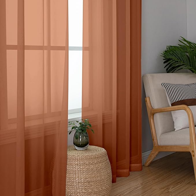 Chyhomenyc Sheer Orange Curtains 90 inches Long 2 Panels, Light Filtering Soft Airy Solid Elegant Voile Window Treatment Drapes for Bedroom Living Room Wedding Party Decor, 42 Wx90 L Inches