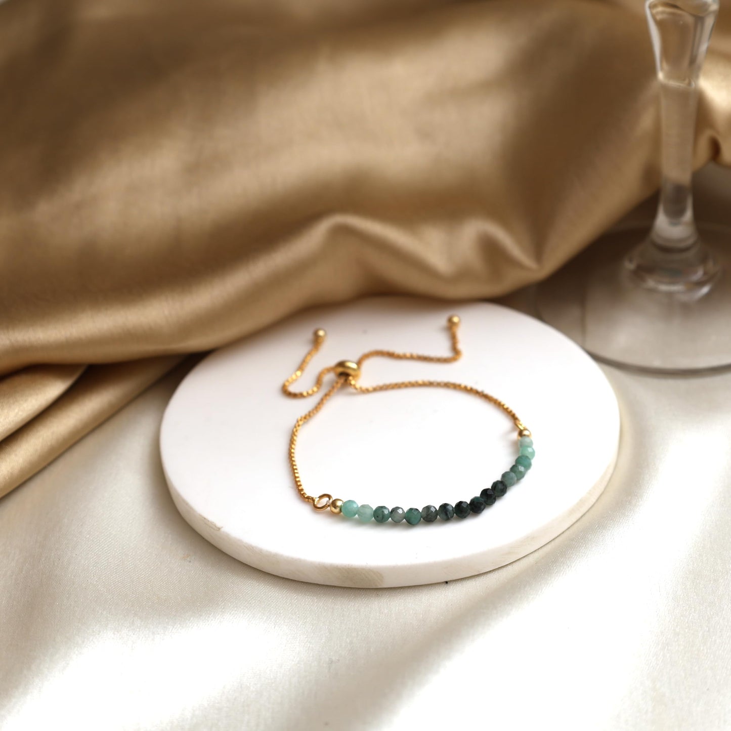 Gempires Green Emerald Gemstone Bracelet May Birthstone Bolo Bracelet for women 14k Gold Plated Chain (6-9 inch Adjustable Length)