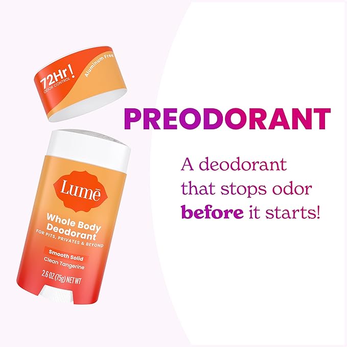 Lume Whole Body Deodorant - Smooth Solid Stick - 72 Hour Odor Control - Aluminum Free, Baking Soda Free and Skin Loving - 2.6 Ounce (Pack of 3) (Clean Tangerine)
