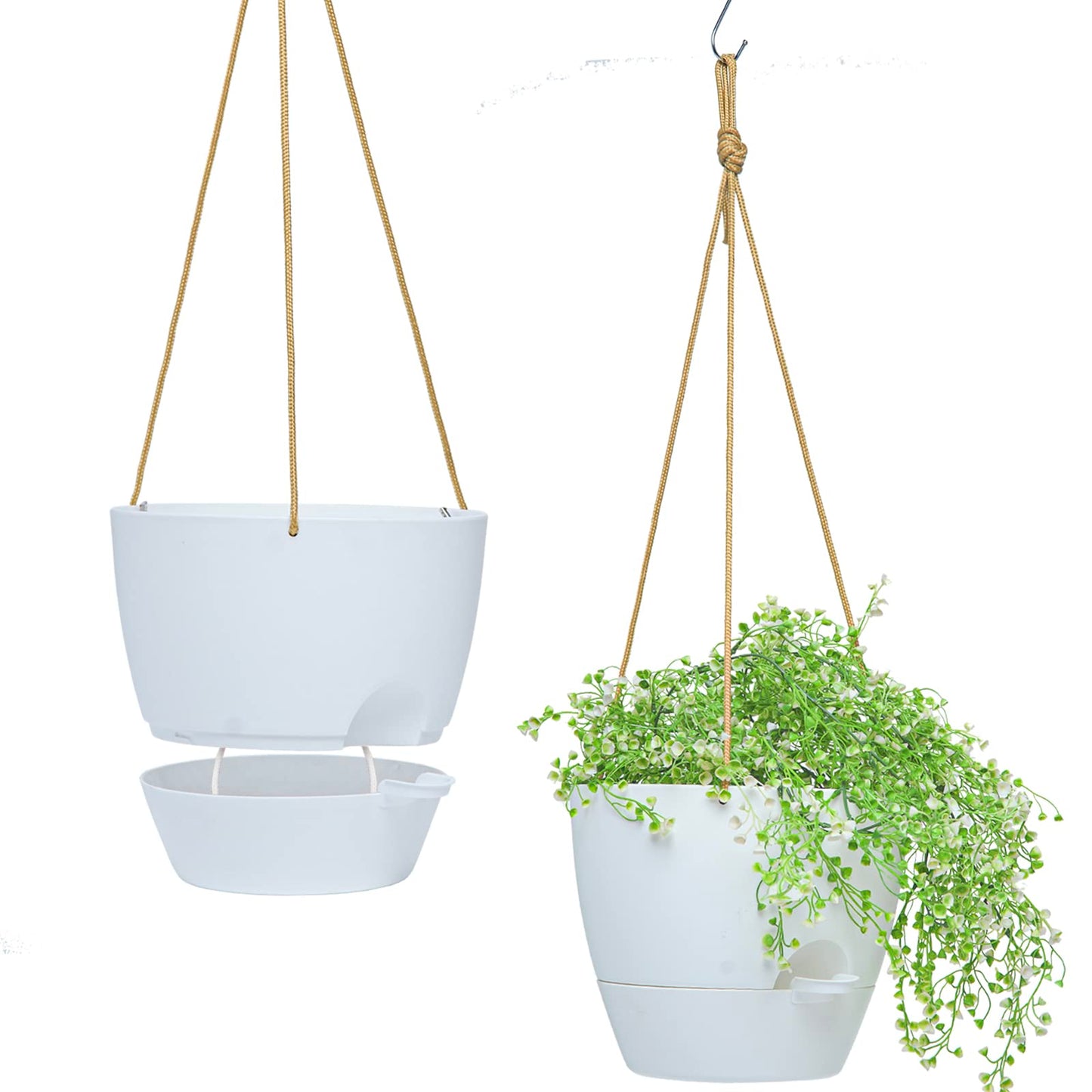 SwinDuck 10 Inch Self Watering Hanging Pots, 2 Pack Hanging Planters with 40oZ Deep Reservior for Indoor Outdoor Plants Flowers, White