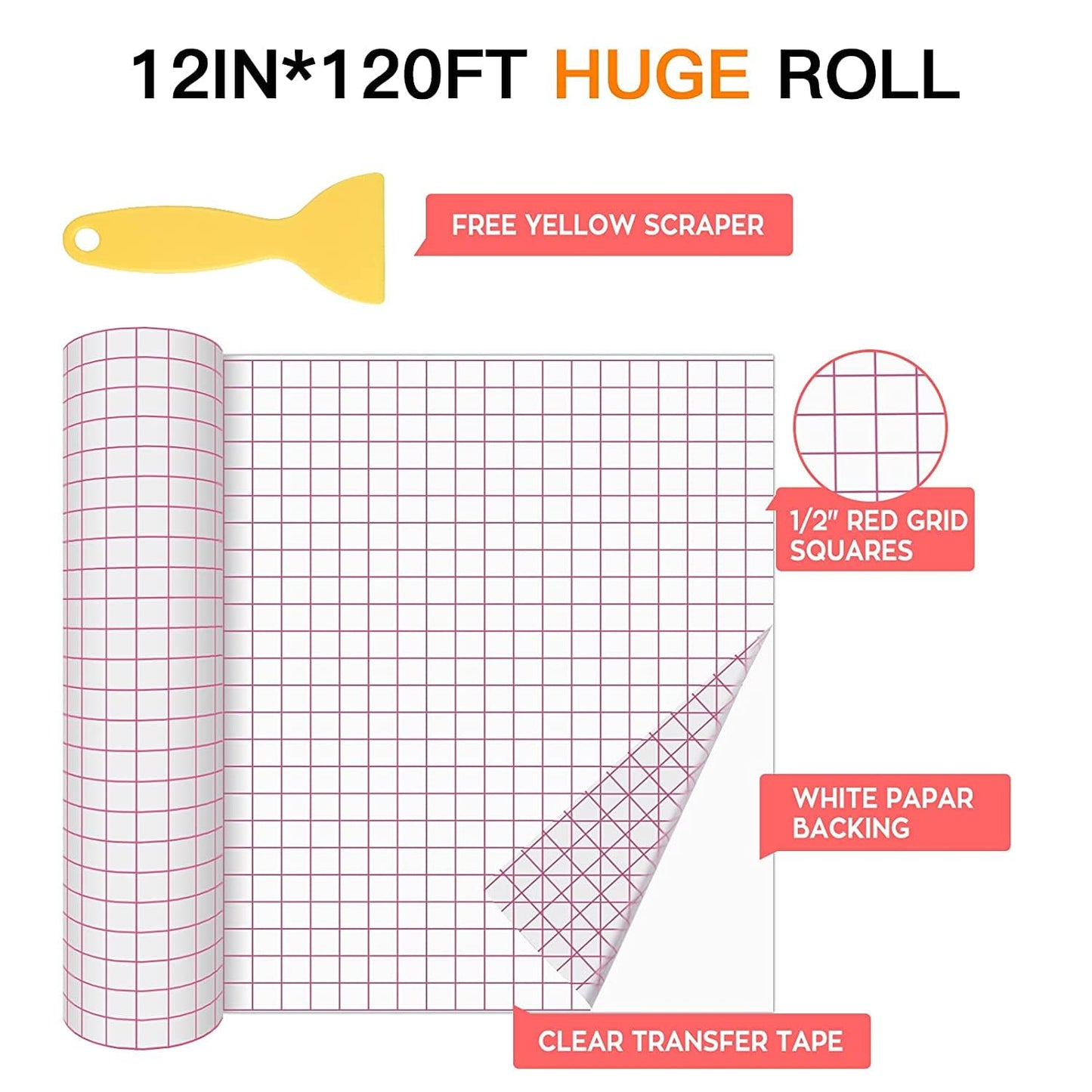 HTVRONT Transfer Tape for Vinyl - 12" X 120 ft w/Red Alignment Grid Transfer Paper for Adhesive Vinyl, Silhouette Cameo Vinyl Transfer Tape for Vinyl for Decals,Signs, Windows, Stickers