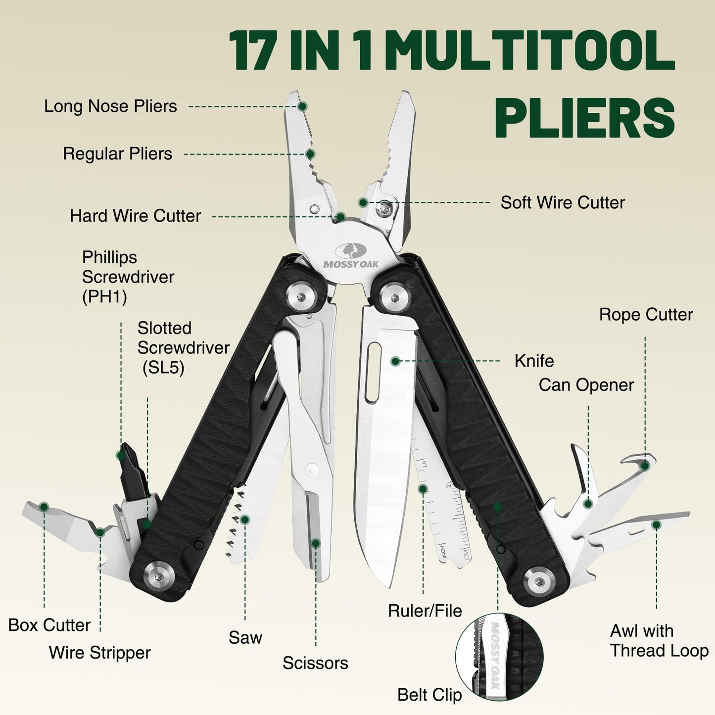 MOSSY OAK Multitool, 17-in-1 EDC Multi Tool with CNC-Machined Steel Pliers, G10 Anti-Slip Handle, Nylon Sheath & Belt Clip – Durable MultiTool for Camping, Hiking, Hunting, Survival, and Everyday Use