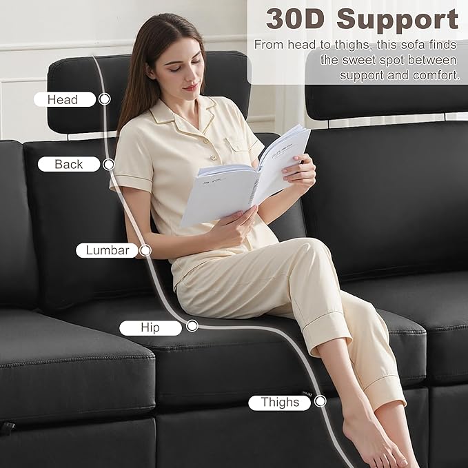 41.1" Accent Storage Sofa Chair with Ottoman, Faux Leather Living Room Chaise Lounge Chair with Headrest & Side Pockets, Modern Upholstered Comfy Arm Chairs, Sleeper Sofa, Reading Club Chairs, Black