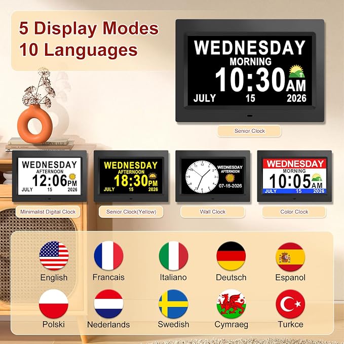 SSINI 12”Large Digital Clock for Seniors Dementia Clock with Day and Date for Elderly Digital Clock 15 Alarms 5 Colors Display Large Display Alzheimers Clock