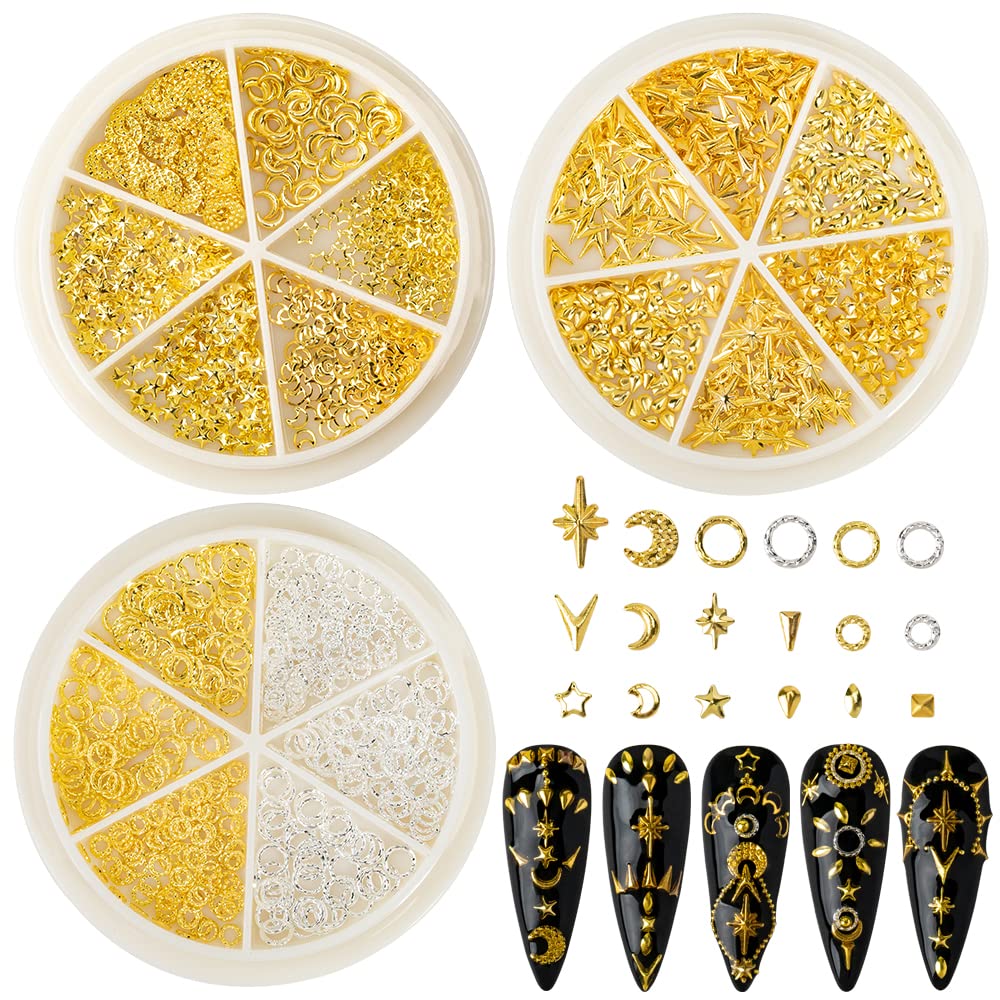 DZHILHMX 3D Nail Charms - Gold Star, Moon, Multiple Shape Gem, 3 Boxes, Metal Nail Decoration Studs, for Nail Art