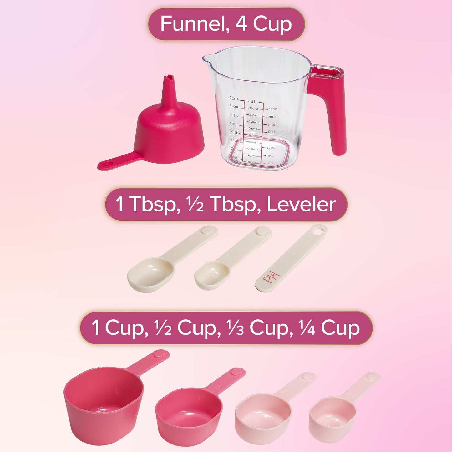Paris Hilton 9-Piece Measuring Set, Durable Plastic Measuring Cups and Spoons With Funnel and Leveler, Dishwasher Safe, Pink