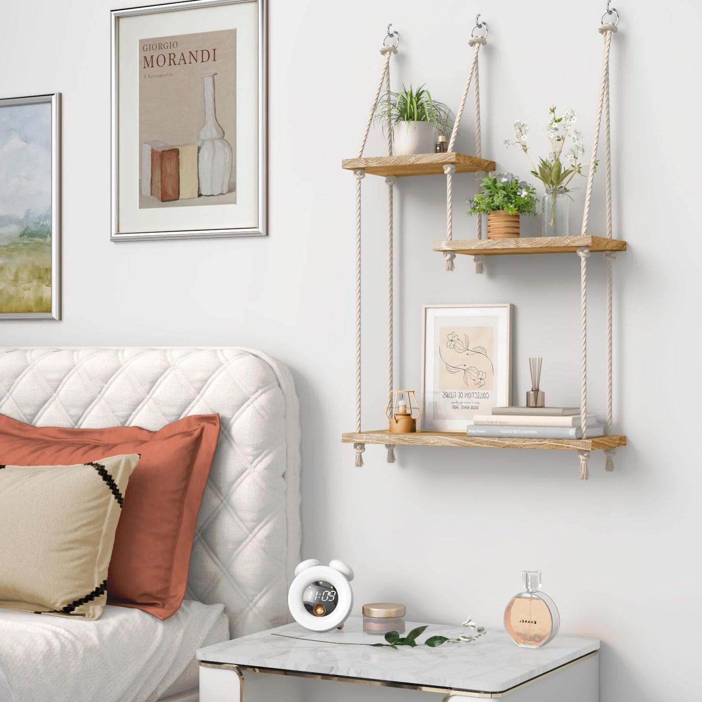 FKSLIFE Hanging Shelves for Wall,Macrame Hanging Plant Shelf with Vine Lights 3 Tier Rope Floating Shelf Wood Organizer Storage Rack Boho Wall Decor Aesthetic for Succulents Bedroom Bathroom Kitchen