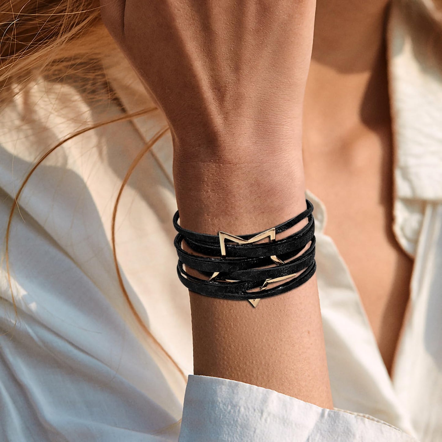 Leopard Bracelet for Women, Boho Leather Wrap Multi-Layer Pearl Crystal Bracelet Bangle Jewelry (Star Leather(Black))