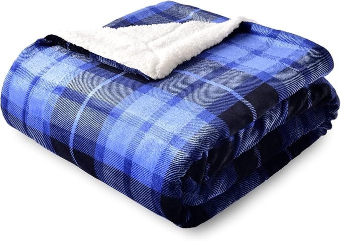 SOCHOW Sherpa Plaid Fleece Throw Blanket, Double-Sided Super Soft Luxurious Bedding Blanket 50 x 60 inches, Blue