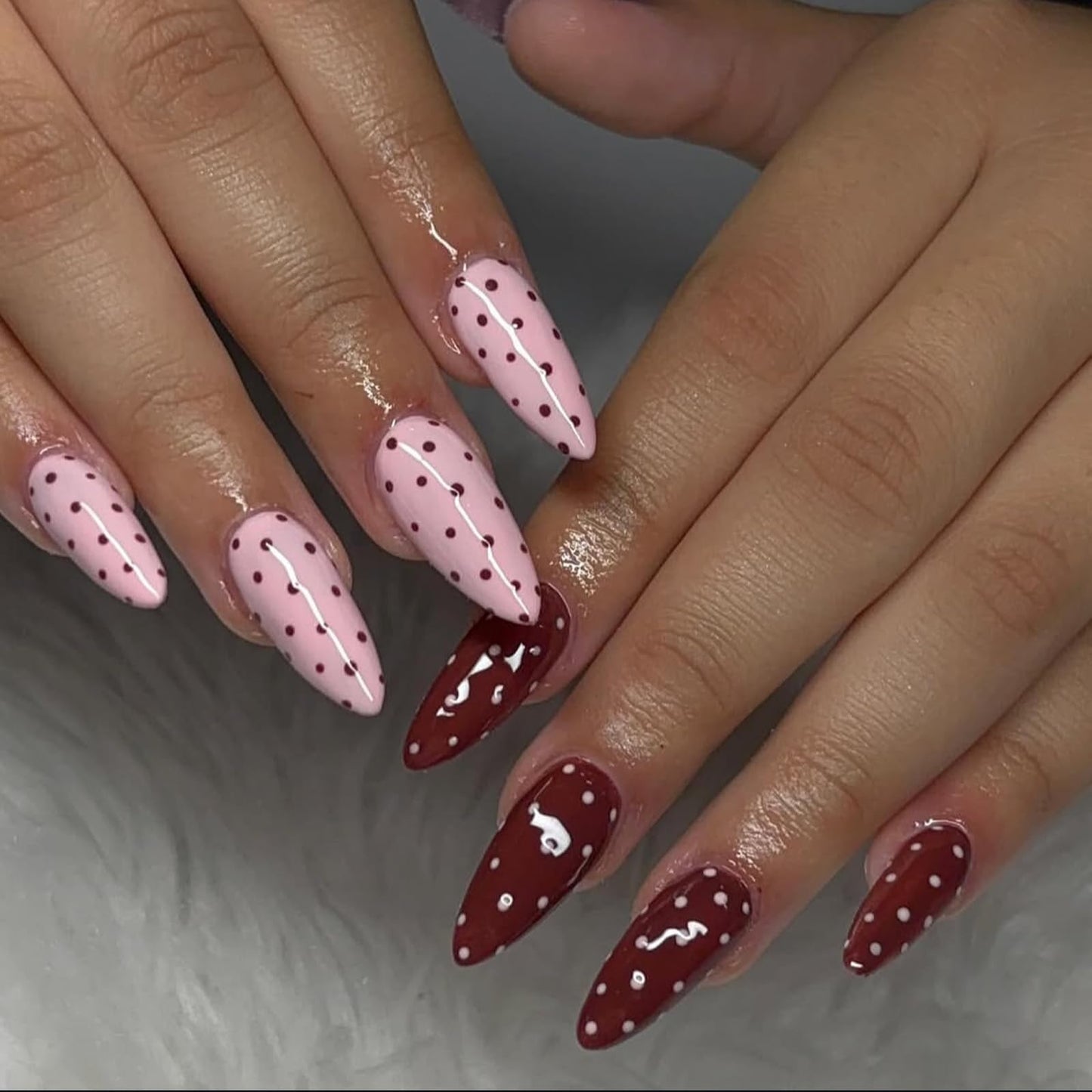 IMSOHOT Press on Nails Medium Almond Fake Nails with Polka Dot Pattern Designs Cute Pink Red Glossy Glue on Nails Acrylic False Nails for Women Nail Decoration