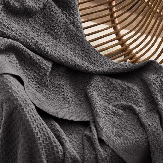 Bedsure 100% Cotton Blanket King Size for Bed - Breathable and Soft, Waffle Weave Blanket for Summer Spring, Dark Grey, 104x90 inches