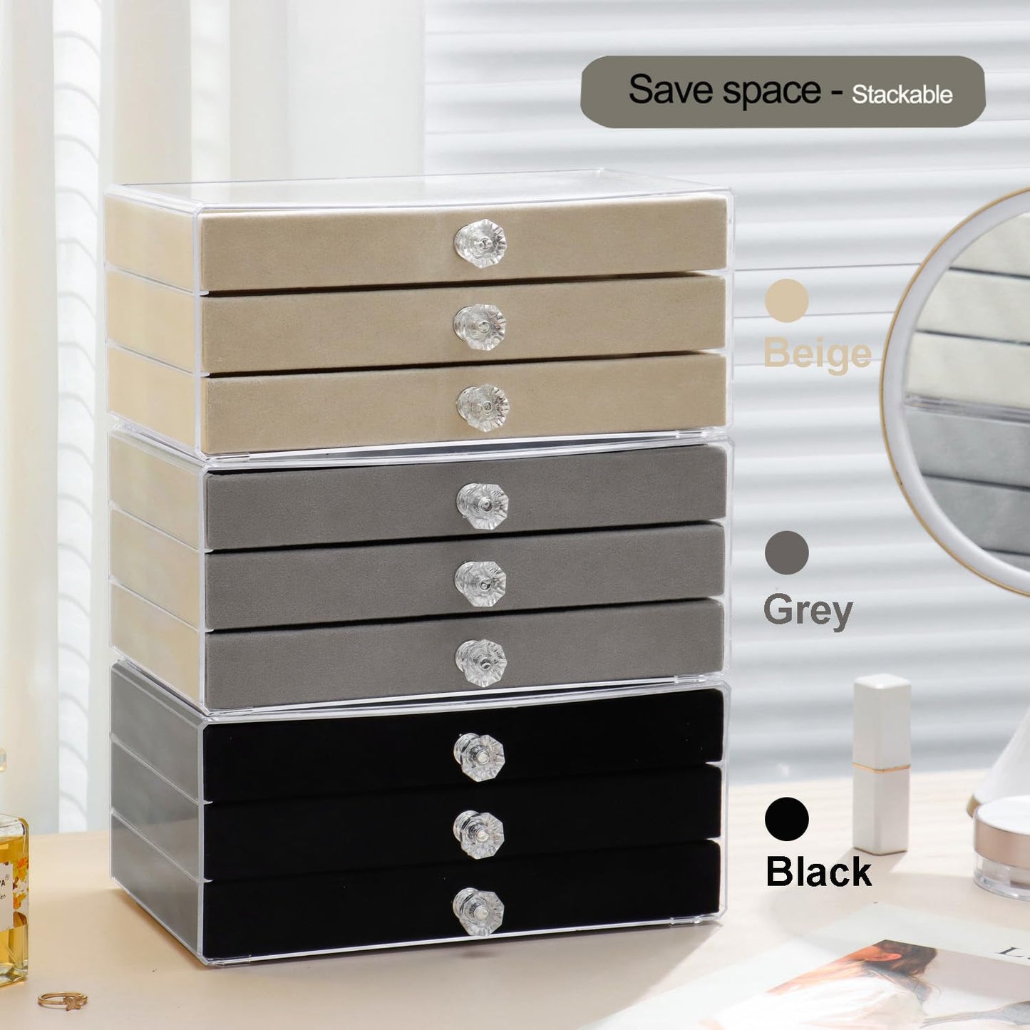 SPAKOWN Necklace Organizer Box, Velvet Necklace Box Holder Tray with Clear Lid Chains Showcase Stackable Necklace Storage for Pendant Bracelet (5 Drawers - Grey)