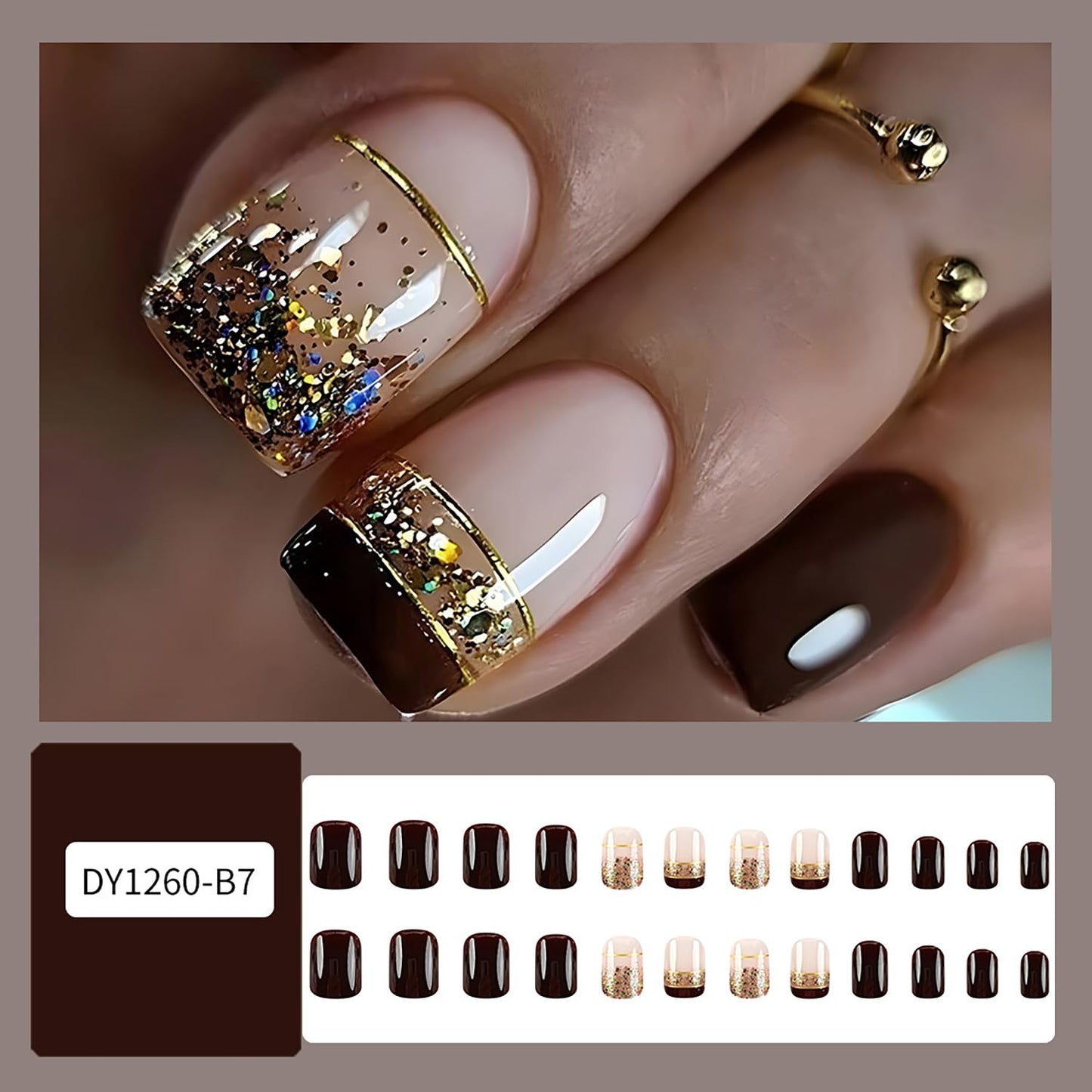 Press on Nails Short Length Brown French False Nails with Gold Foil Design Square Nails Full Cover Glossy Acrylic Nails French Artificial Stick on Nails Reusable Glue on Nails for Women Manicure Kit