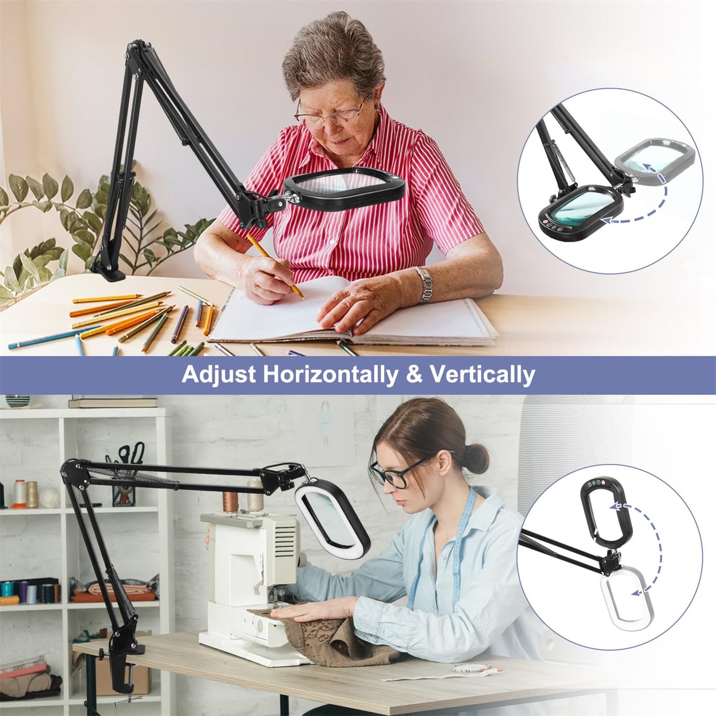 10X Large Magnifying Glass with Light and Clamp, Real Glass, 5 Color Modes, Stepless Dimmable, Lighted Magnifier with Stand Hands Free, LED Swing Arm Desk Lamp for Close Work, Craft, Reading, Painting