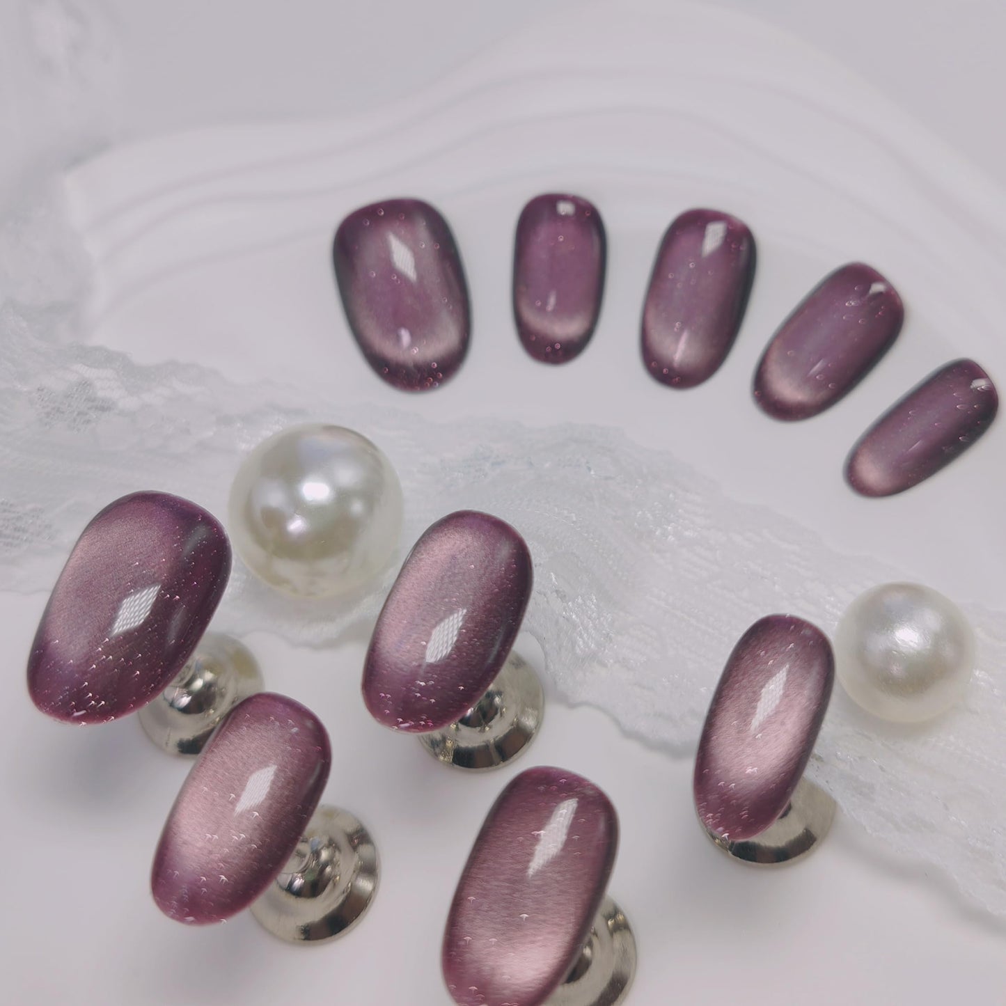 Cat Eye Press on Nails Handmade Short Oval/Square/Round False Nails with French Tip/Aurora/Magnetic Shimmer Designs (Shimmer#Oval Plum, Medium)