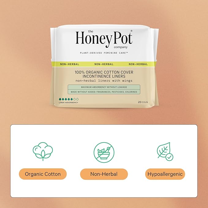 The Honey Pot Company - Incontinence Pads for Women - 80ct - Non-Herbal Panty Liners - Bladder Leak Control - Organic Cotton Cover & Ultra-Absorbent Pulp Core - FSA & HSA Eligbible