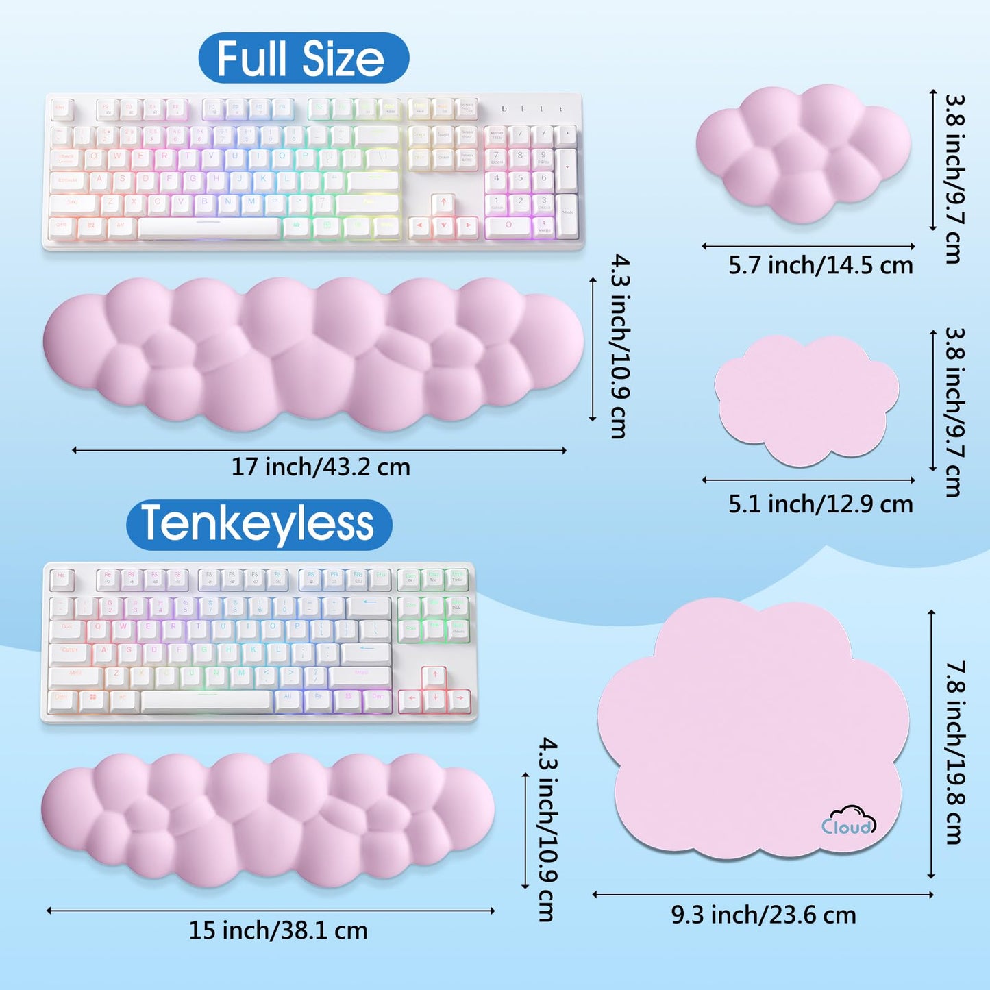 Retuhapy Cloud Wrist Rest Keyboard Cushion, 4-in-1 Ergonomic Cloud Keyboard Wrist Rest and Mouse Pad Set with Memory Foam Arm Support for Palm, Cute Desk Accessory for PC Gaming Setup, Pink