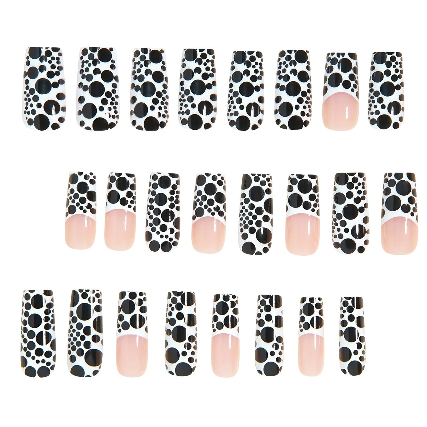 IMRAIN Press on Nails Long Square Fake Nails Glossy French Tips False Nails with Black Polka Dot Design Full Cover Glue on Nails for Women