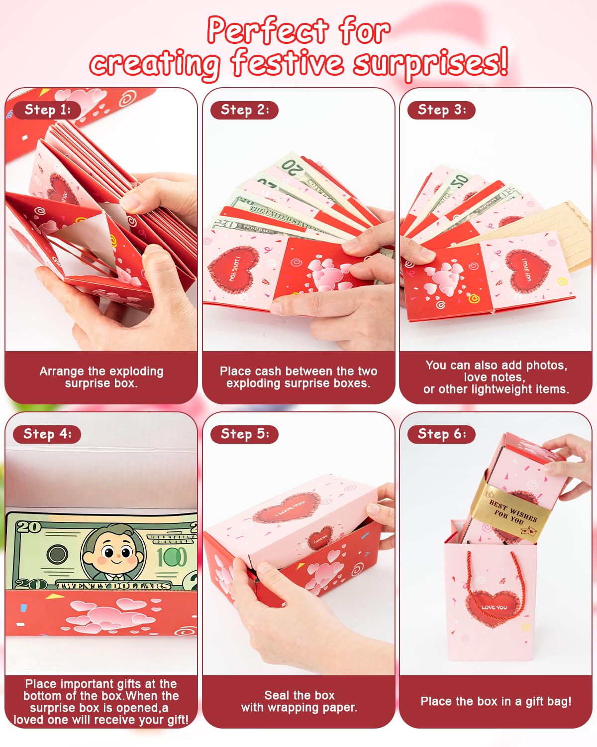 ASSRECT Exploding Gift Box -Valentine's Day, BirthdaySurprise Box Pop Up with 12 Money Holders, ReusableDate Gift Box for Valentine's Day, Cash, Gifts, Birthday, Party supplies (Pink)