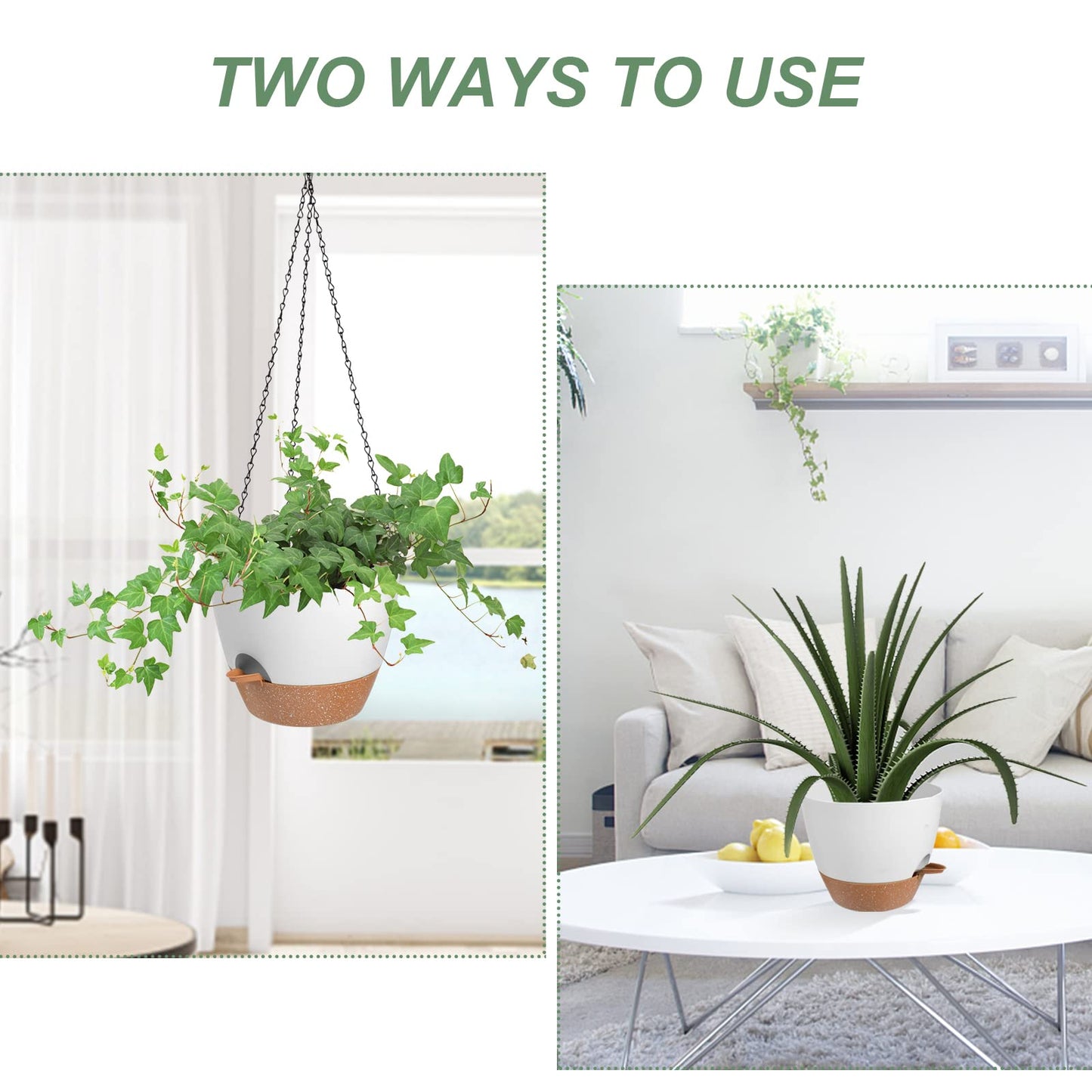 Vanslogreen Hanging Planters for Indoor Outdoor Plants, 2 Pack Self Watering Hanging Pot with Drainage Holes & Removable Tray (White, 8'')