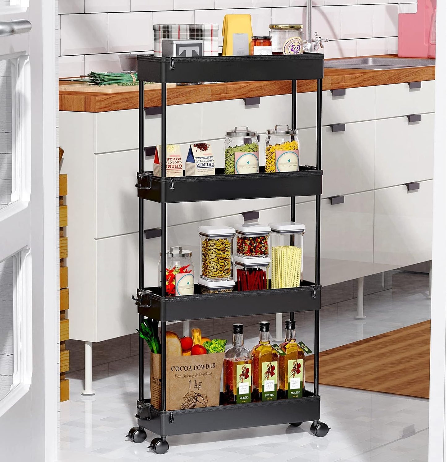 SPACEKEEPER Slim Rolling Storage Cart 4 Tier Bathroom Organizer Cart Mobile Shelving Unit Slide Out Utility Cart for Kitchen, Bthroom, Makeup, Craft, Laundry Narrow Places, Black