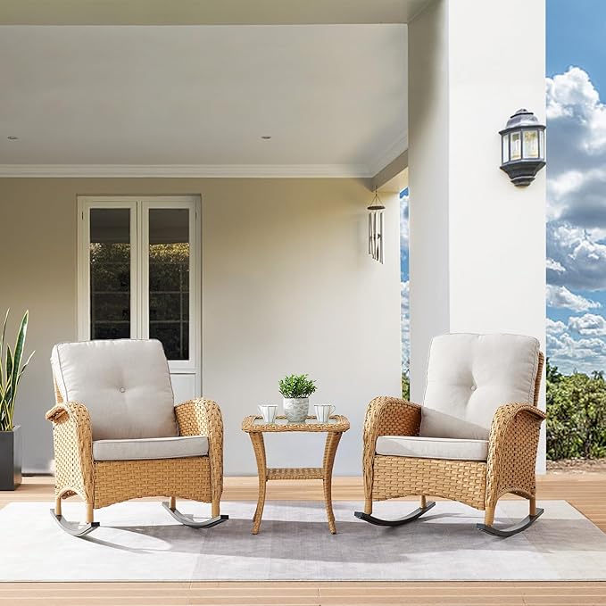 HUMMUH Patio Wicker Rocking Chairs Set of 2 Rattan Outdoor Rocking Chairs for Front Porch Garden Backyard Lawn Balcony Weather Rocker Chair with Side Table