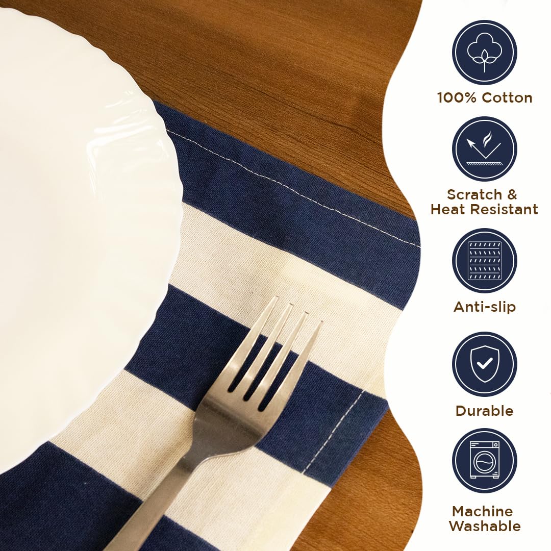 Folkulture Placemats Set of 4 (13 x 19) | 100% Cotton,Cute,Heat Resistant,Machine Washable Striped Place Mats | Blue & White Rectangular Table Placemats or Dining Table Mats