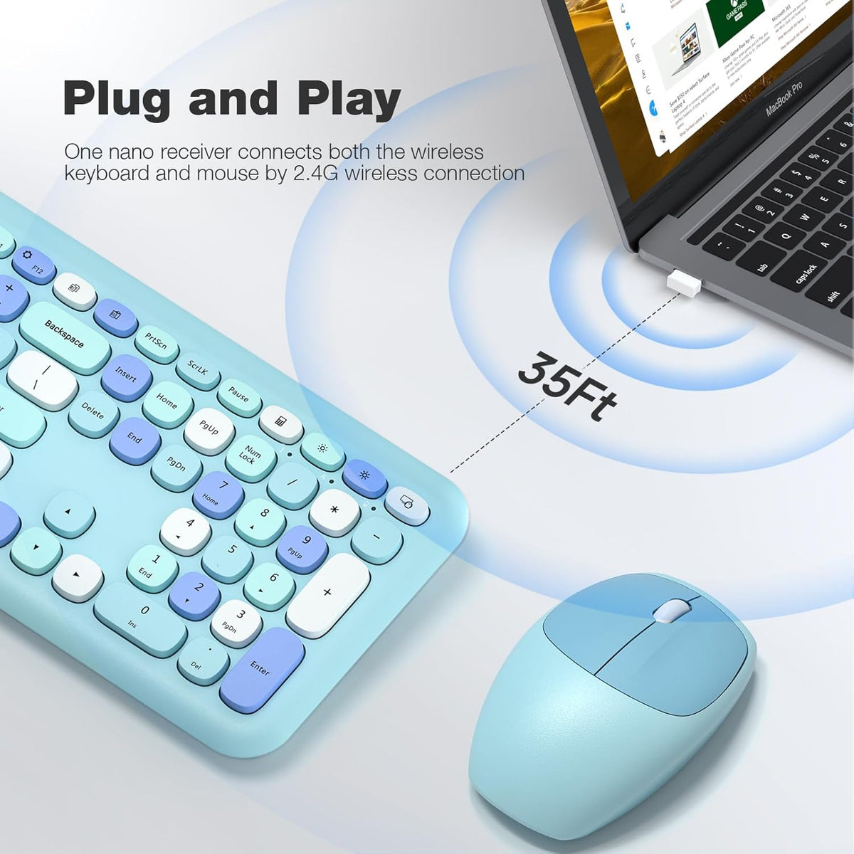 KNOWSQT Wireless Keyboard and Mouse Combo, Pale Blue Full-Sized 2.4G Silent Keycap Colorful Keyboards, USB Dongle Plug Play, for Laptop, Windows, PC, Computer, Desktop