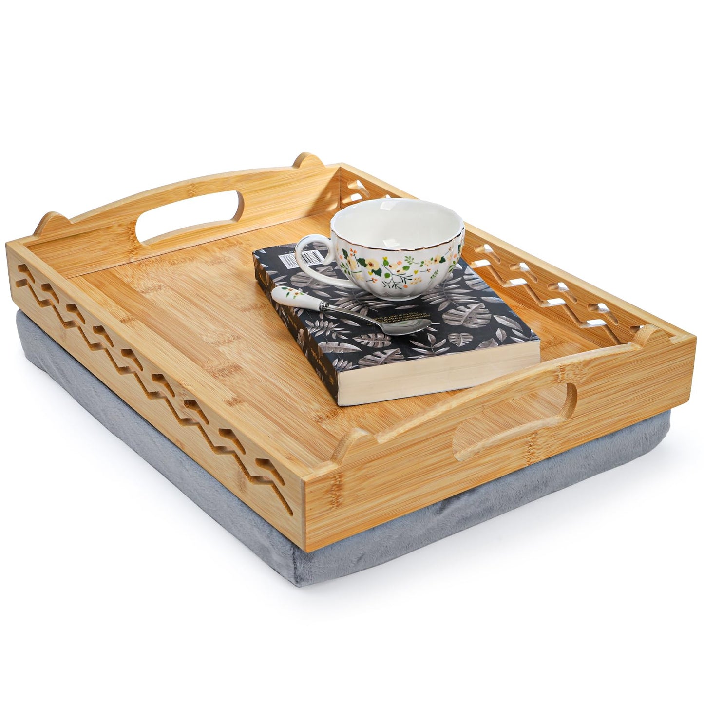 Okllen Bamboo Lap Tray with Detachable Cushion & Handles, 16"x12.2" Breakfast Bed Tray for Eating, Recliner/Sofa/Bed, Housewarming Gift