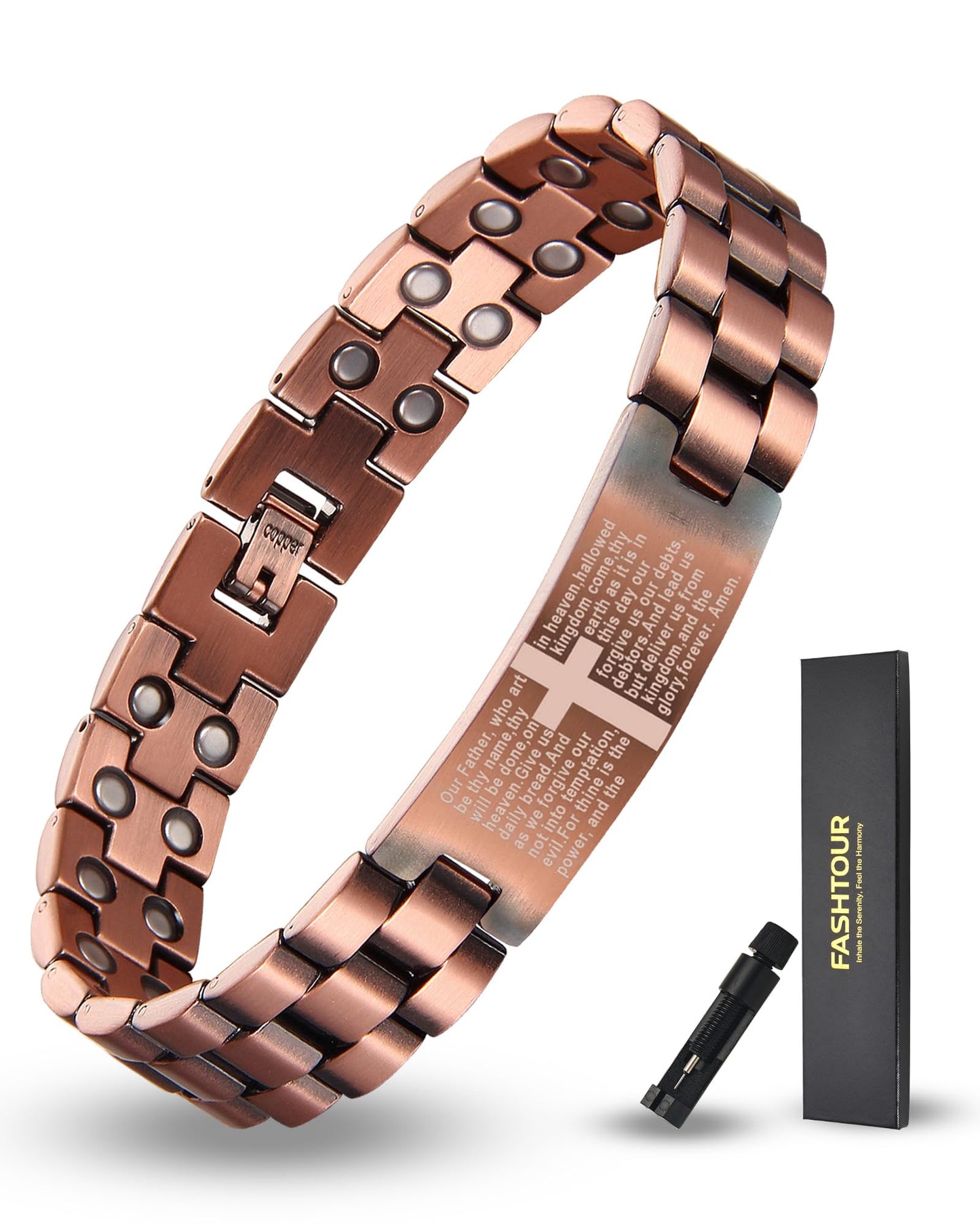 Fashtour Copper Magnetic Cross Bracelet for Men - Ultra Strength Magnetic Mens Cross - With Size Adjustment Tool (Copper CB184AC)