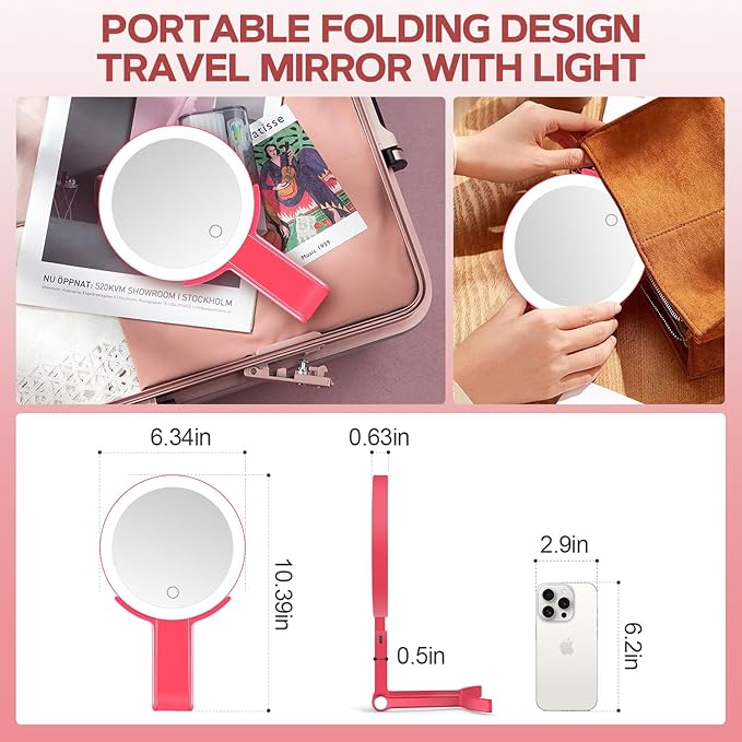 Lighted Makeup Mirror, 30X Magnifying Mirror with Light, Hanging and Handheld Mirror with Handle, Red