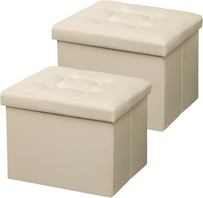 AmasSmile Storage Ottoman Folding Foot Rest Stool, Leather Footstool Bench, Short Ottoman Stool, Storage Foot Rest Store, Books (Beige-2pc, 17" D x 13" W x 13" H)