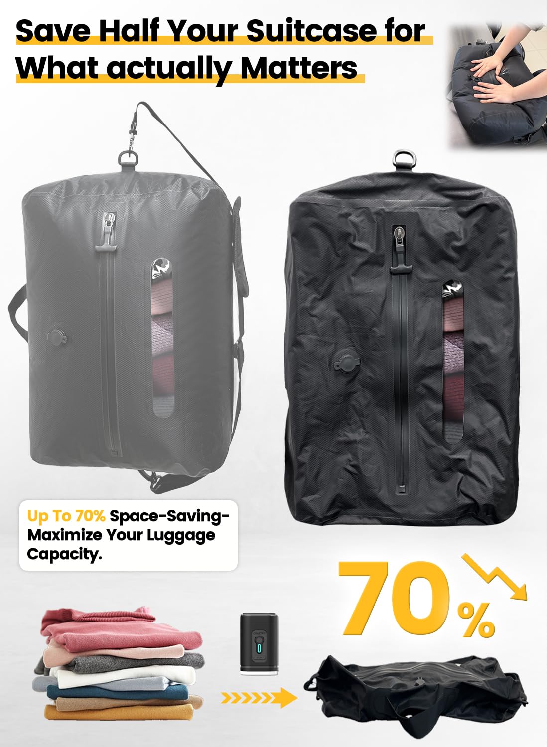 LINBLIF Travel Vacuum Bags with USB-C Pump, Compression Storage Bags for Clothing, Space Saving Packing Cubes Alternative for Carry-On Suitcase, Backpack & Luggage, Waterproof Reusable Travel Bags