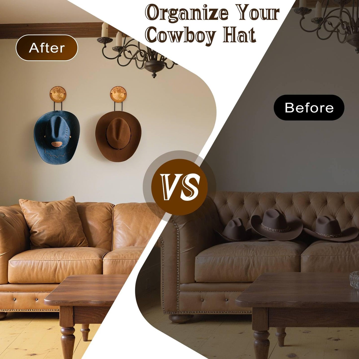 Qiannhee Cowboy Hat Rack Holder for Wall, 2 Pack Hat Rack for Wall, Wooden Western Rustic Metal Hat Holder for Cowboy Hats, Caps, and Sunhats, Ideal for Western Decor(Brown)