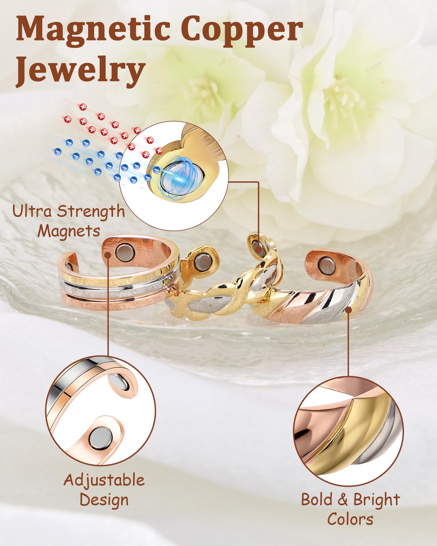 BioMag Copper Rings for Women, 99.99% Pure Copper Magnetic Rings Thumb Rings for Lymphatic Drainage, Adjustable Jewelry Gifts for Women (Multi Tone)