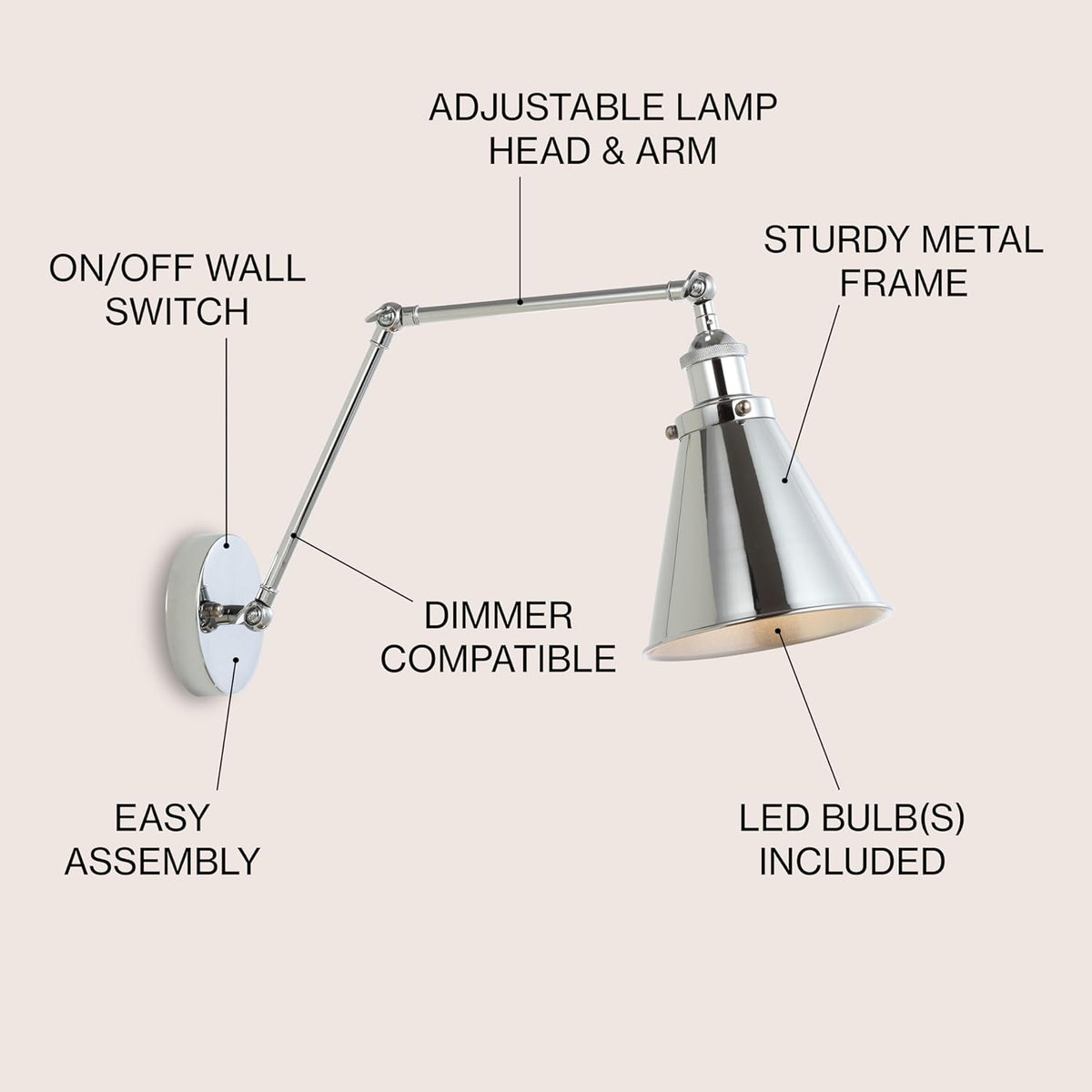 JONATHAN Y JYL7460A Rover 7" Farmhouse Industrial Adjustable Arm Metal LED Wall Sconce Rustic Bohemian 2700K LED 4W Bulb for Entryway Lobby Kitchen Bathroom Bedroom Living Room Hallway, Chrome