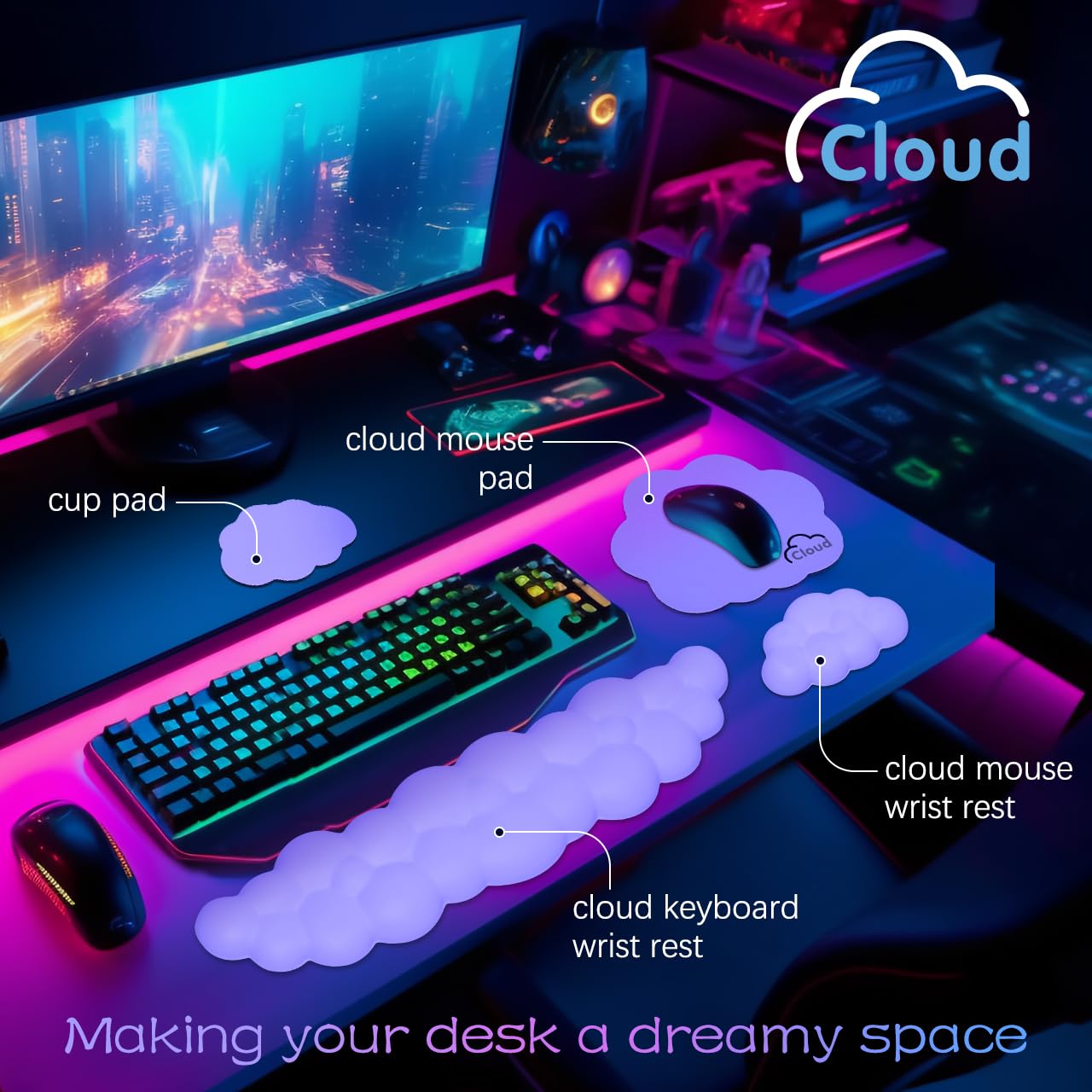 Cloud Wrist Rest Keyboard Palm Rest with Non-Slip Base for Computer Gaming Wrist Rest, YAMJUG Cloud Arm Rest Keyboard Wrist Pad Purple