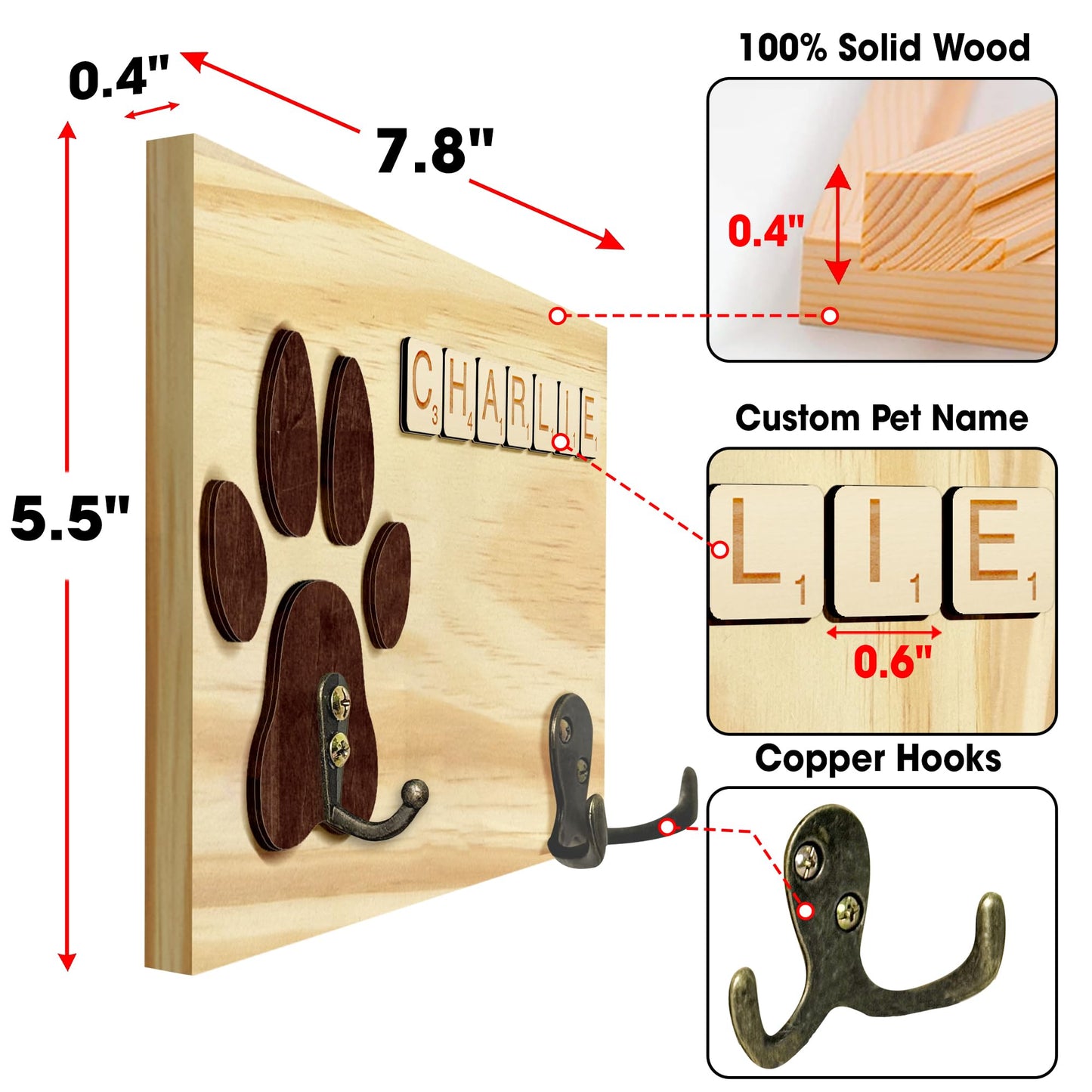 VINARTSVN 2 Pack Dog Leash Holder Wall Mount, Pet Harness Hanger with Scrabble Letters, Dog Collar Organizer for Entryway, Cat Leash Holder for Wall, Pet Loss Gifts, Keepsake, Home Decor PF218-CBN
