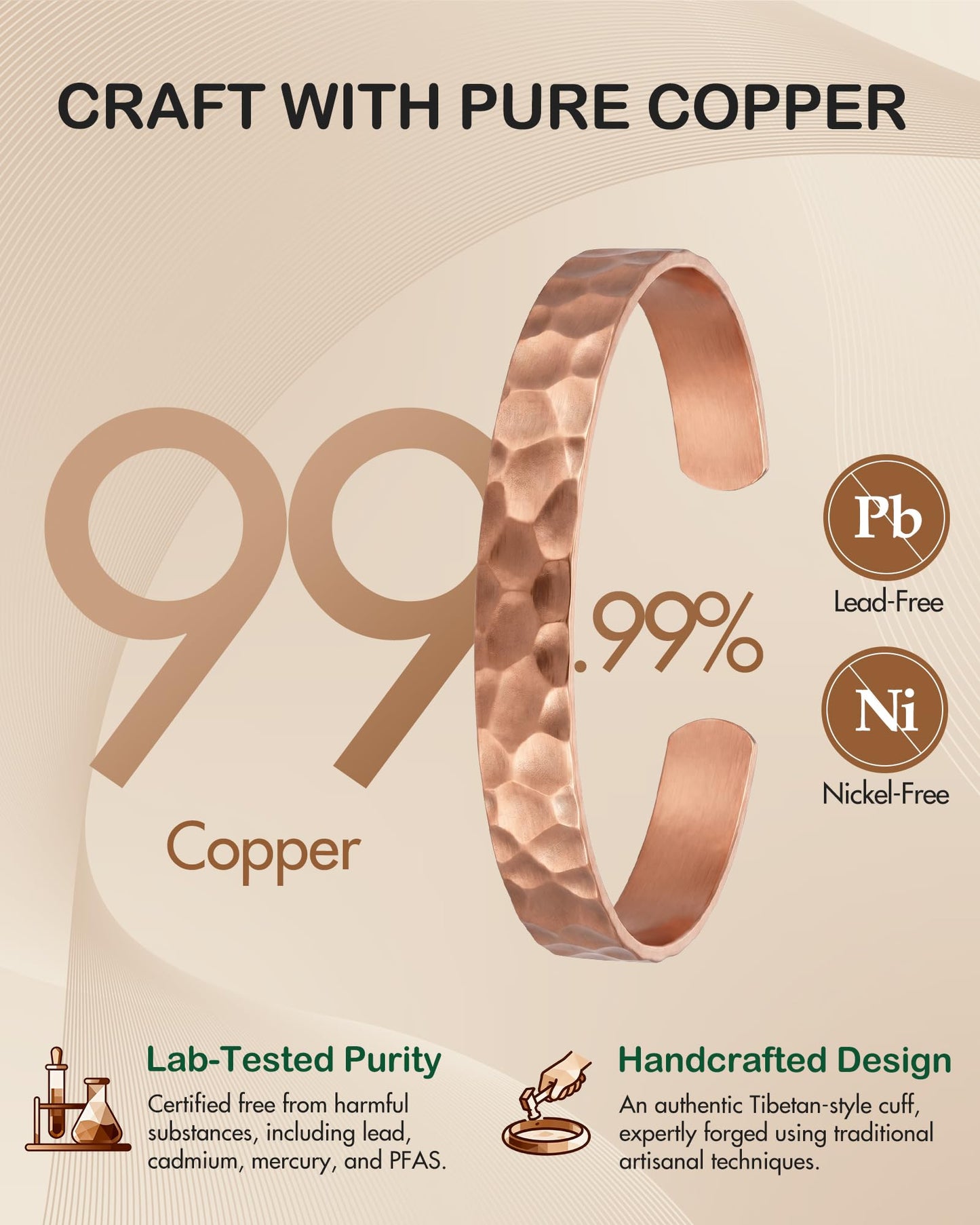 Feraco Pure Copper Bracelets for Men & Women, 99.99% Real Copper Tibetan Cuff Bangle, Adjustable Handmade Jewelry Gift, Hammered