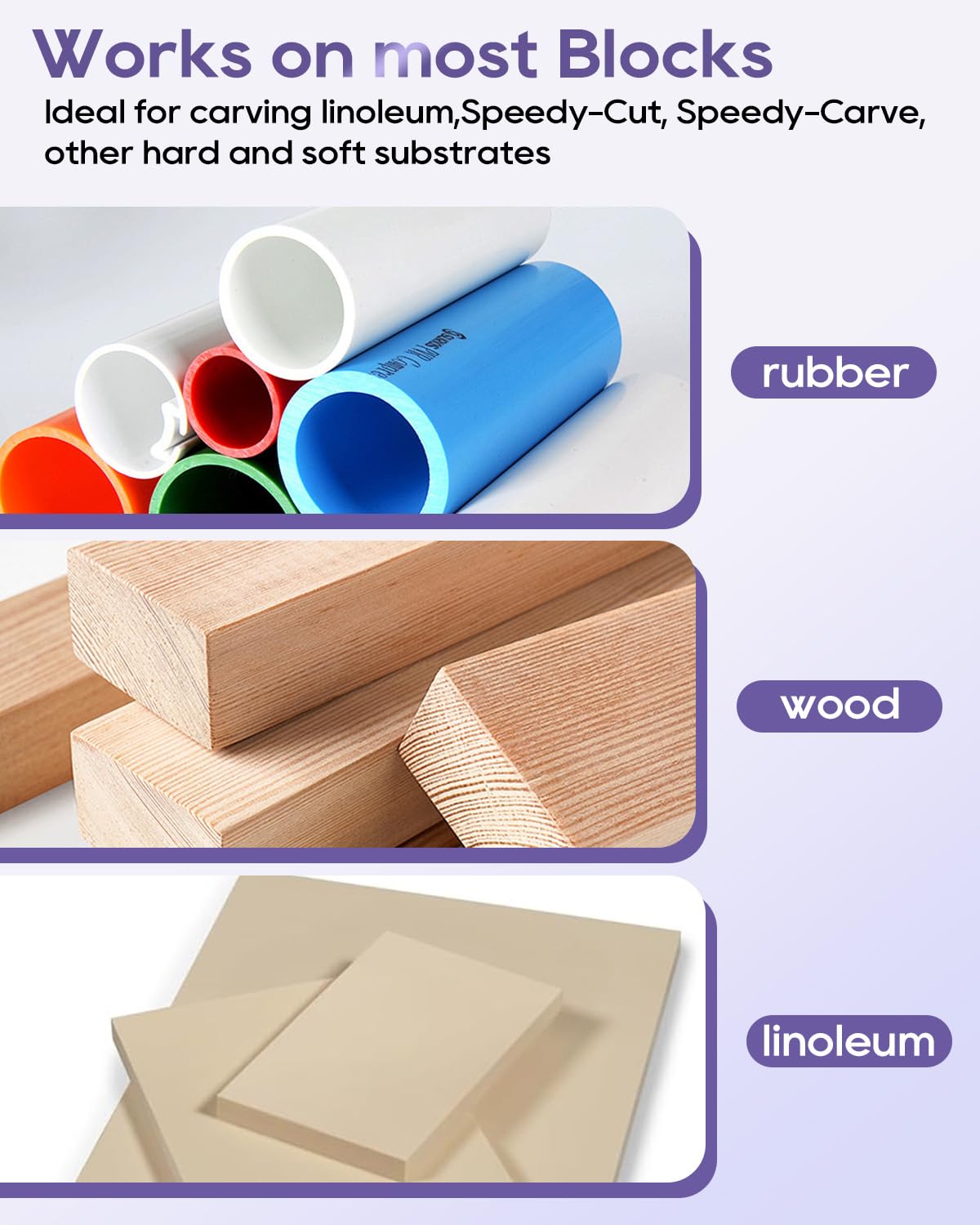 UCEC Linocut Carving Tools Linoleum Cutter Assortment for Block Printing Lino Cutting Tools for DIY Rubber Stamp Carving Kit & Beginners 6 Blades Universal Size Purple With A Brayer Roller(4 Inch)