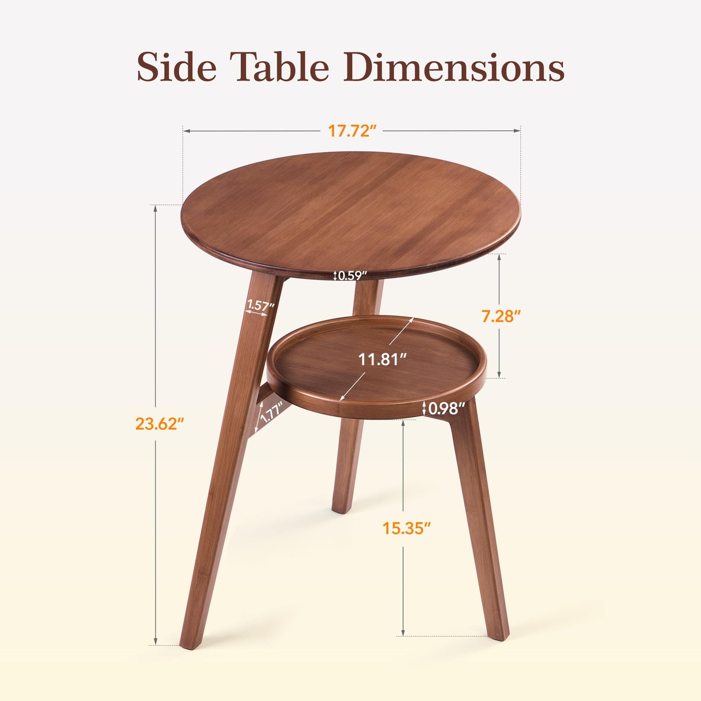 VELOHEIM Bamboo Round Side Table, 2-Tier Small Space End Table with Storage Shelf, Mid-Century Modern Rustic Style Narrow Table for Living Room Bedroom Sofa Side